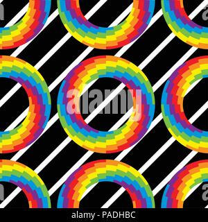 Modèle de vecteur seamless ronde colorée avec des cercles de roue des couleurs arc-en-ciel en noir et blanc sur fond à rayures diagonales Illustration de Vecteur
