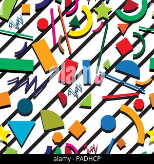 Seamless vector 80s ou 90s, motif de fond style hippie avec des formes géométriques, chaotique avec design rétro rayures noires sur fond blanc Illustration de Vecteur