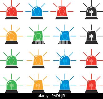 Vector set d'urgence et de police siren icônes, des feux clignotants d'alarme symboles plat isolé sur fond blanc Illustration de Vecteur