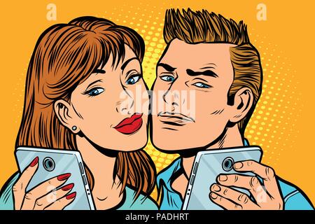 Jeune couple sur smartphone selfies Illustration de Vecteur