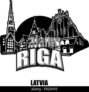 Riga, Lativa logo noir et blanc, pour des impressions de haute qualité. Croquis vecteur dessiné à la main. Illustration de Vecteur