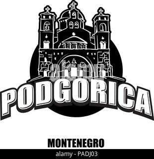 Podgorica, Monténégro, logo noir et blanc pour des impressions de haute qualité. Croquis vecteur dessiné à la main. Illustration de Vecteur