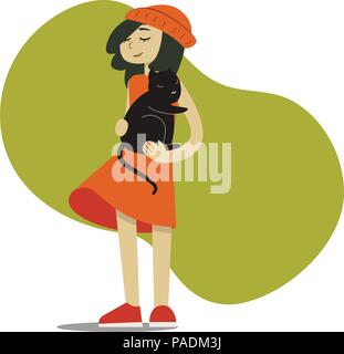 Cute girl with cat on hands Illustration de Vecteur