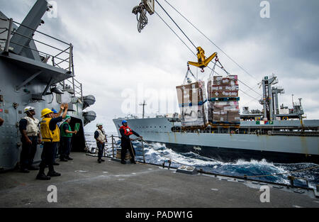 180720-N-LI768-1134 de l'OCÉAN PACIFIQUE (Juillet 20, 2018) - de la nourriture et des approvisionnements à partir de la reconstitution de la flotte oiler USNS Henry J. Kaiser (T-AO 187) approche le destroyer USS-missiles Dewey (DDG 105) connecté au cours d'une reconstitution. Dewey est en cours aux États-Unis de la flotte de 3ème zone d'opérations. (U.S. Photo par marine Spécialiste de la communication de masse 2e classe Devin M. Langer/libérés) Banque D'Images