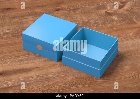 Deux boîtes carrées cyan ouvert et fermé à l'arrière-plan en bois. 3d illustration Banque D'Images