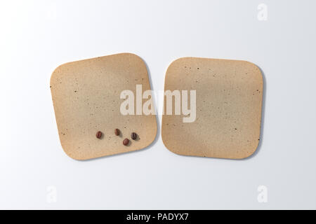 Deux carrés vintage coasters et les grains de café sur fond blanc. 3d illustration Banque D'Images