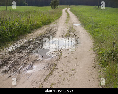Flaque d'eau et la saleté sur une route de campagne après la pluie Banque D'Images