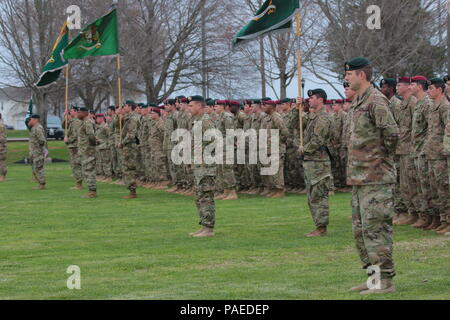 Des membres du 5e Groupe des forces spéciales (Airborne) en formation au cours de la cérémonie de passage à l'unité de flash à Fort Campbell, Kentucky, le 23 mars 2016. Au cours de la cérémonie, 5e SFG(A) a rétabli l'époque Vietnam beret, l'ajout d'un flash une bande jaune en diagonale avec trois bandes rouges à l'arrière-plan noir et blanc. Les rayures rendent hommage à l'histoire du groupe dans la guerre du Vietnam et son creuset sous le feu. (U.S. Photo de l'armée par la CPS. Kathryn Petrosky) Banque D'Images