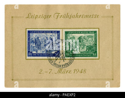 Feuille de timbres historique allemand : printemps Foire de Leipzig avec annulation spéciale, 7 mars 1948, cité médiévale dans le commerce des marchands du marché de la ville Banque D'Images