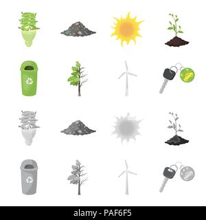 Une poubelle, un arbre malade, une éolienne, une clé d'une voiture bio.Bio et écologie collection set icônes de cartoon style monochrome,symbole vecteur stoc Illustration de Vecteur