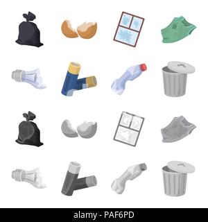 L'ampoule cassée, des piles usagées, brisant une bouteille en plastique, poubelles avec un signe.Les ordures et déchets collecte set icônes de cartoon monochrome,sty Illustration de Vecteur
