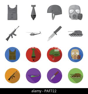 Fusil d'assaut M16, hélicoptère, réservoir, lutter contre couteau. Et de l'armée militaire collection set d'icônes dans le style monochrome,télévision symbole vecteur illustration de stock . Illustration de Vecteur