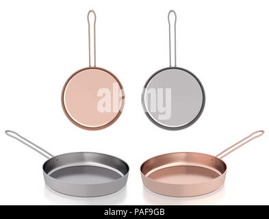 Poêles à frire en acier et en cuivre isolées sur blanc. Vue latérale et vue au-dessus Banque D'Images