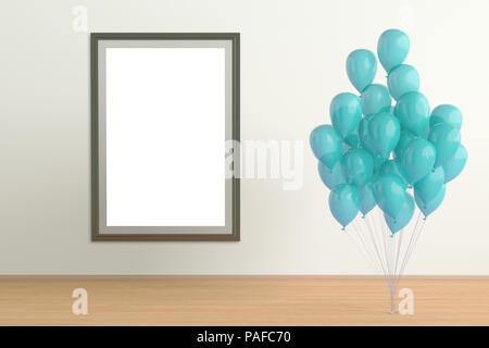 Ballons transparent cyan avec maquette de l'affiche de la verticale à l'intérieur avec chemin de détourage autour de l'affiche. 3d illustration Banque D'Images