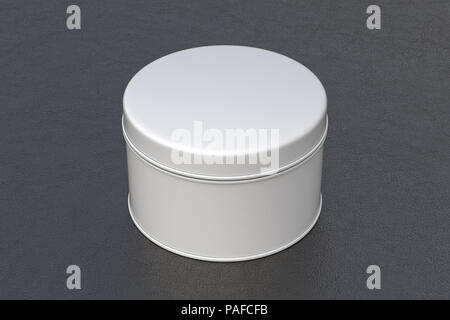 Fermé en blanc rond blanc contenant de l'étain fort sur fond de cuir noir. Maquette Package with clipping path autour de récipient. 3d illustration Banque D'Images