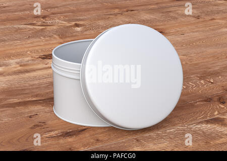 Ronde blanche contenant de l'étain boîte avec couvercle ouvert sur fond de bois. Maquette Package with clipping path autour de récipient. 3d illustration Banque D'Images