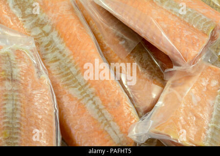 Saumon congelé Filets de poissons dans des emballages en plastique emballés sous vide Banque D'Images