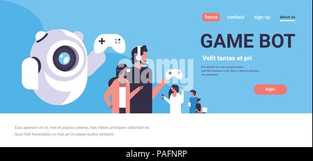 Les gens en jeu de lunettes vr bot controller gamepad en réalité virtuelle équipe casque plate horizontale copy space vector illustration Illustration de Vecteur