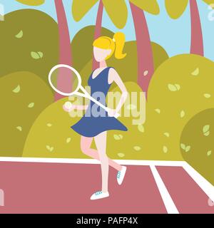 Joueur de tennis femme tenir plein air raquette paysage palm background female activité sport personnage télévision pleine longueur Illustration de Vecteur