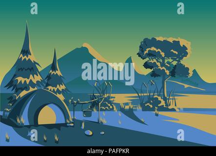 Nuit tente camping tourist expédition en montagne forêt paysage extérieur contexte plate horizontale Illustration de Vecteur