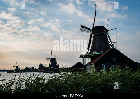 Moulins à vent hollandais au coucher du soleil d'été à Zaanse, Pays-Bas Banque D'Images