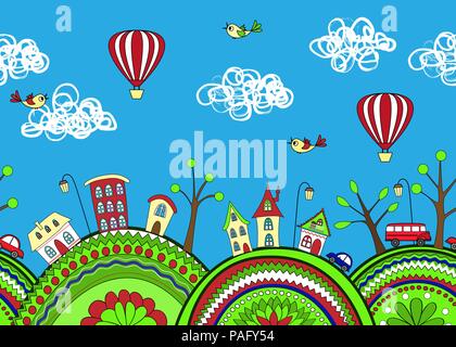 Doodle mignon avec motif transparente ornée hills et cartoon city. Vector background Illustration de Vecteur