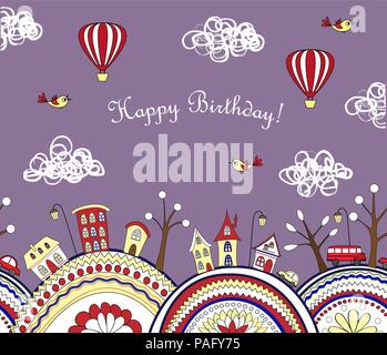 Joyeux anniversaire carte Avec doodle ornementés transparente hills et cartoon city. Vector background Illustration de Vecteur