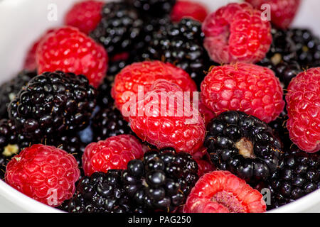 Un bol blanc avec un mélange de framboises et de mûres sur une table de cuisine en attente d'être mangés Banque D'Images