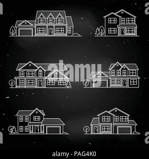 Ensemble de l'icône de la ligne mince vecteur suburban maisons américaines. Pour la conception web et l'interface d'application, aussi utile pour l'infographie. Maisons de l'icône américaine Illustration de Vecteur