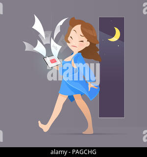 Jeune femme en bleu Cartoon nightwear choqués par le contrôle des emplois au coffre, Vector Illustration, concept avec des emplois en ligne et communiquer Banque D'Images