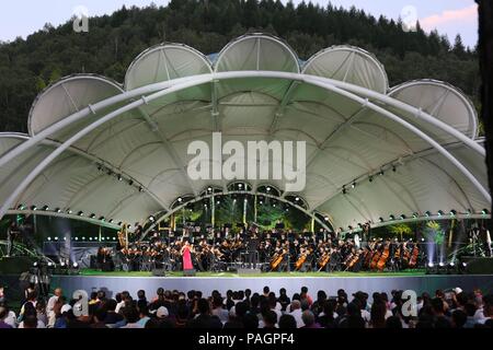 Chengde, Hebei, Chine, 22 juillet 2018. Déménagement la symphonie dans la forêt est une tentative audacieuse, dans l'espoir de donner différentes expériences pour l'auditoire. Les joueurs et spectateurs ont besoin pour surmonter l'interférence de piqûres de moustiques et les arbres forestiers. Costfoto:Crédit/Alamy Live News Banque D'Images