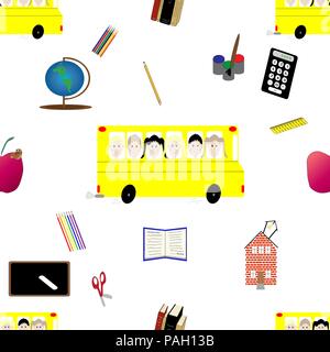 Modèle logique de l'éducation ou des icônes retour à l'école y compris les peintures, pinceau, globe, règle, crayons de couleur, d'autobus scolaires avec les enfants, crayon, rouge Illustration de Vecteur