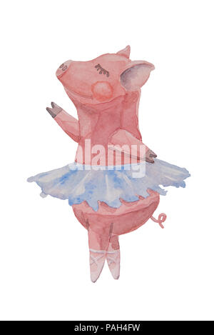 Beau cochon rose ou piggy ballerine danser dans une jupe avec un tutu et pointes un dessin aquarelle sur fond blanc Banque D'Images