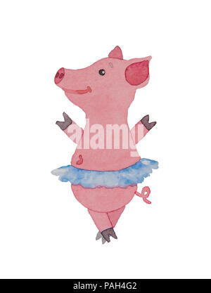 Beau cochon rose ou piggy ballerine danser dans une jupe avec un tutu et pointes un dessin aquarelle sur fond blanc Banque D'Images