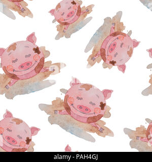 Modèle sans couture happy pink piggy dessiné aquarelle réside dans une flaque d'eau sale sur un fond blanc Banque D'Images