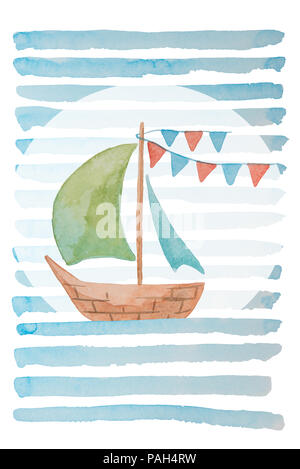 Navire magnifique avec de grandes voiles sur vagues bleues sur aquarelle comme une carte postale Banque D'Images