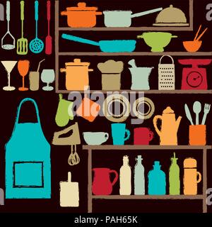 Divers cuisine colorée icônes silhouette sur des étagères. Illustration de Vecteur