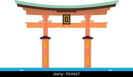 Modèle plat icône vecteur isolé du sanctuaire d'Itsukushima Torii, Miyajima, Japon. Illustration de Vecteur