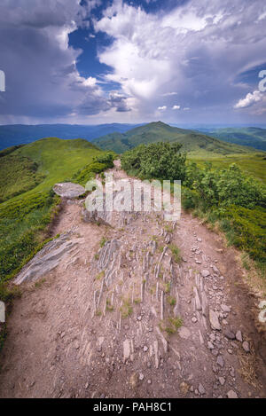 Chemin sur Wetlina Prairies dans l'ouest de Bieszczady en Pologne, avec vue sur le mont Smerek background Banque D'Images