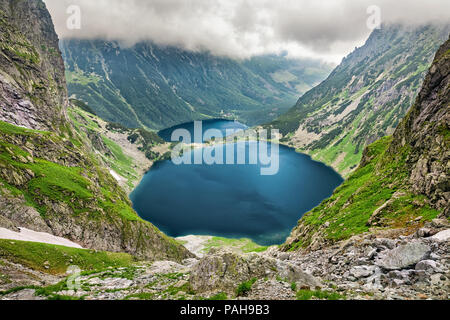 Czarny Staw pod Rysami (Lac Noir ci-dessous) et le mont Rysy dans les lacs Morskie Oko Tatras, Pologne Banque D'Images