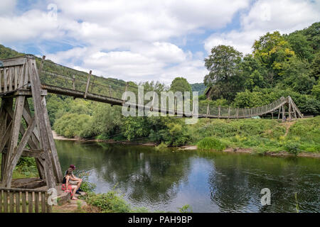 Biblins Suspension Bridge à l'ensemble de Symonds Yat est au-dessus de la rivière Wye, vallée de la Wye, Herefordshire, Angleterre, RU Banque D'Images