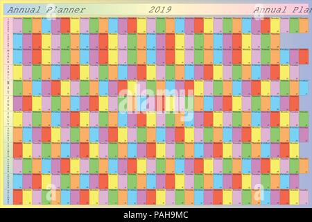 Planificateur annuel 2019 avec une couleur spécifique pour chaque jour de la semaine - pour être personnalisé avec votre logo Illustration de Vecteur