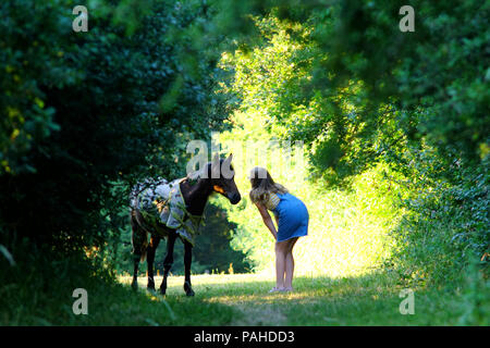 Jeune fille parlant à un petit poney dans la campagne. Banque D'Images