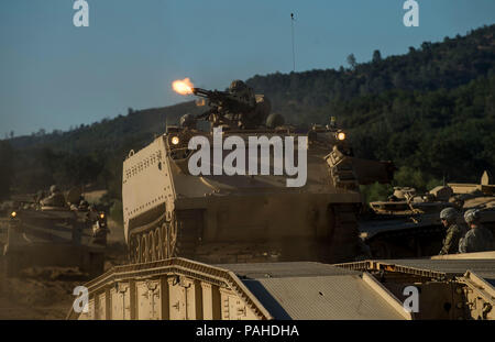 Un ingénieur de combat Armée soldat de la 350e compagnie du génie, de Bell, Californie, les feux d'un M2 de calibre 50 fusil à partir d'un véhicule de transport de troupes M113 sur une violation au cours d'un exercice d'entraînement de soutien au combat (CSTX) à Fort Hunter Liggett, Californie, le 22 juillet 2018. Cette rotation des CSTX traverse le mois de juillet, la formation de milliers de soldats de réserve de l'Armée américaine à partir d'une variété de fonctions pour inclure la police militaire, médicales, chimiques, de la logistique, transport et plus encore. (U.S. Réserve de l'armée photo par le Sgt. Michel Sauret) Banque D'Images