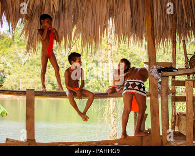 VILLAGE, LE PANAMA, le 9 janvier 2012 : les enfants indiens indigènes non identifiés dans une cabine d'Indian Reservation au Panama, Jan 9, 2012. Indian reservati Banque D'Images