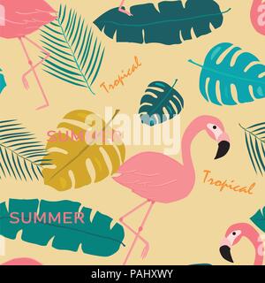 Rose d'été et d'actualité flamingo pastel feuilles exotiques seamless background pattern Illustration de Vecteur