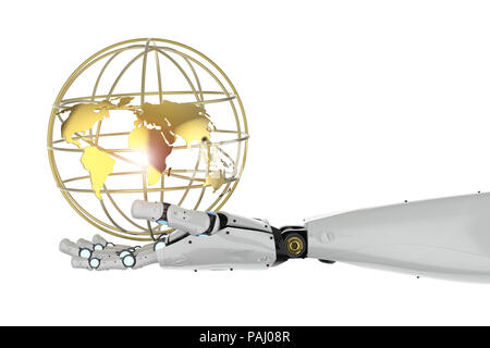 Le concept de mondialisation avec rendu 3D robot hand holding globe Banque D'Images