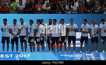 Budapest, Hongrie - 29 juil., 2017. La Serbie a remporté la médaille de bronze du Championnat du monde de water-polo de la FINA. Il a eu lieu à Alfred Hajos Piscine Center. Banque D'Images