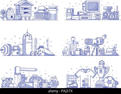 Les intérêts des gens et de l'occupation des icônes de l'équipement. Passe-temps, de professions et de styles de concepts. L'observation des oiseaux, l'apiculture, l'haltérophilie, la coupe du bois un Illustration de Vecteur