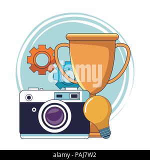 Marketing numérique et caméra coupe trophée avec grande idée vector illustration graphic design Illustration de Vecteur